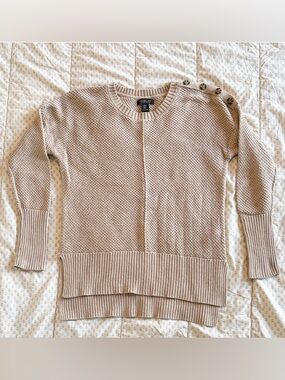 Rachel Zoe Beige Knit Sweater Button Shoulder Detail M Textured Cozy Chic